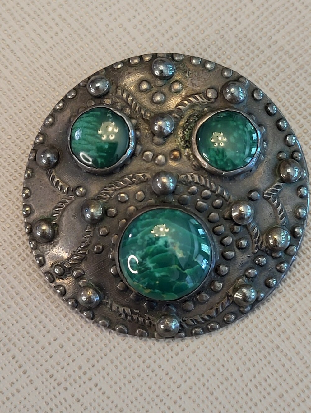 Vtg Sterling Silver Round Brooch 3 Malachite Stones Southwest Textured Drops